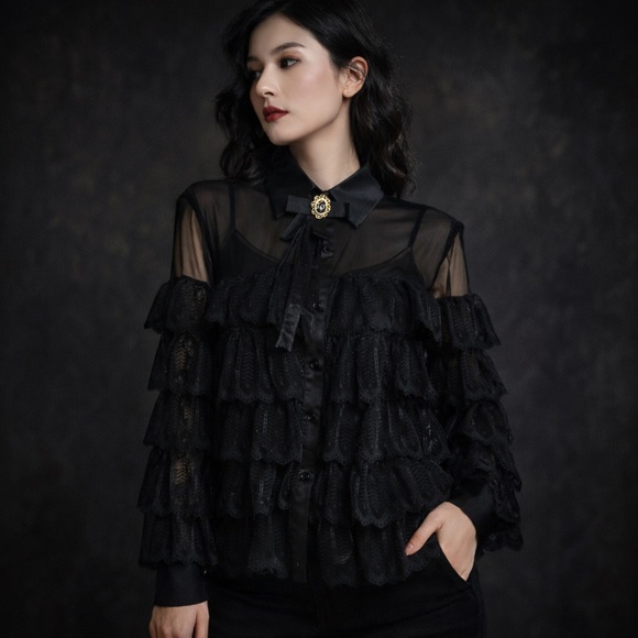 🖤Victorian Gothic Lace Ruffle Blouse | Sheer Black Romantic Tiered Top Size M - Picture 3 of 14